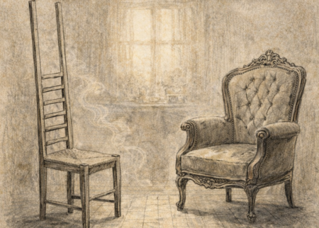 Två stolar, en med ovanligt hög rygg och en stoppad fåtölj, står i ett gammaldags rum med fönster i bakgrunden.