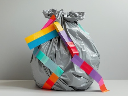 En grå soppåse dekorerad med färgglada band står mot en ljus bakgrund.
