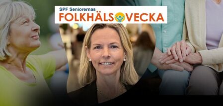 Banner för SPF Seniorernas Folkhälsovecka med äldre personer, händer som håller och text i orange och blått.