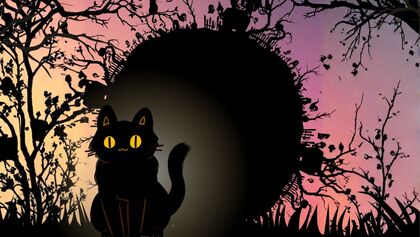 Tecknad svart katt med gula ögon sitter framför en mörk siluett av en kulle med träd och hus mot en rosa-orange himmel.