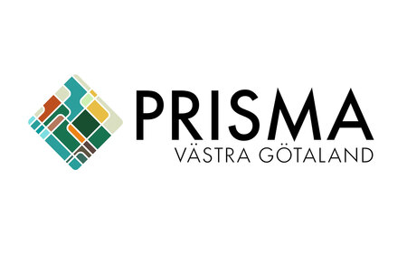 Logotyp för Prisma Västra Götaland med färgglad geometrisk symbol och svart text på vit bakgrund.