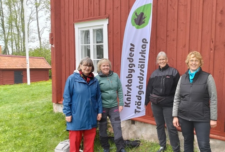 Fyra kvinnor står utomhus framför en röd träbyggnad och en flagga med texten 'Knivtabygdens Trädgårdssällskap'.