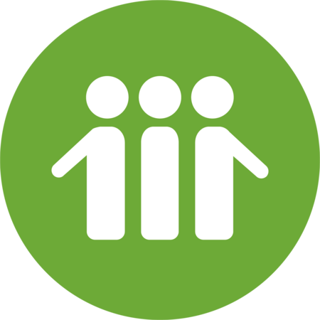 Tre stiliserade figurer står bredvid varandra på en grön cirkelbakgrund.