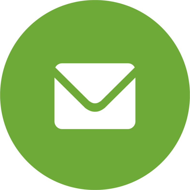 En vit kuvertikon på en grön cirkulär bakgrund, symboliserar e-post eller meddelande.