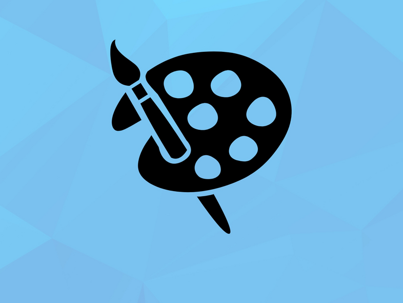 Svart ikon av en målarpalett och pensel mot en ljusblå geometrisk bakgrund.