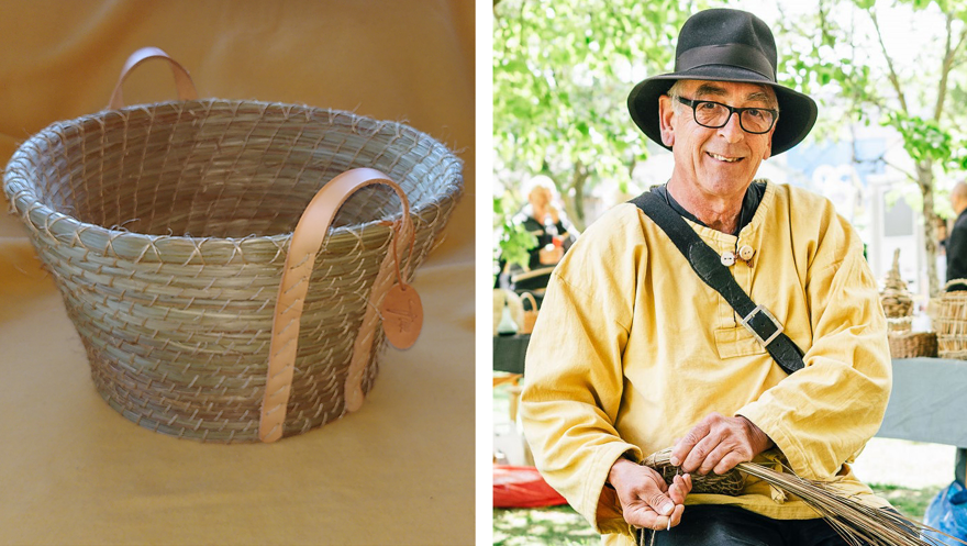En flätad korg med läderhandtag och en man i hatt som visar korgflätning utomhus.