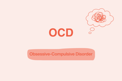 Texten OCD och Obsessive-Compulsive Disorder med en röd tankebubbla på ljus bakgrund.
