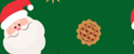 Mönster med tecknade tomteansikten, stjärnor och kakor på grön bakgrund.