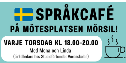 Affisch för språkcafé i Mörsil med information på flera språk och illustration av kaffekopp.