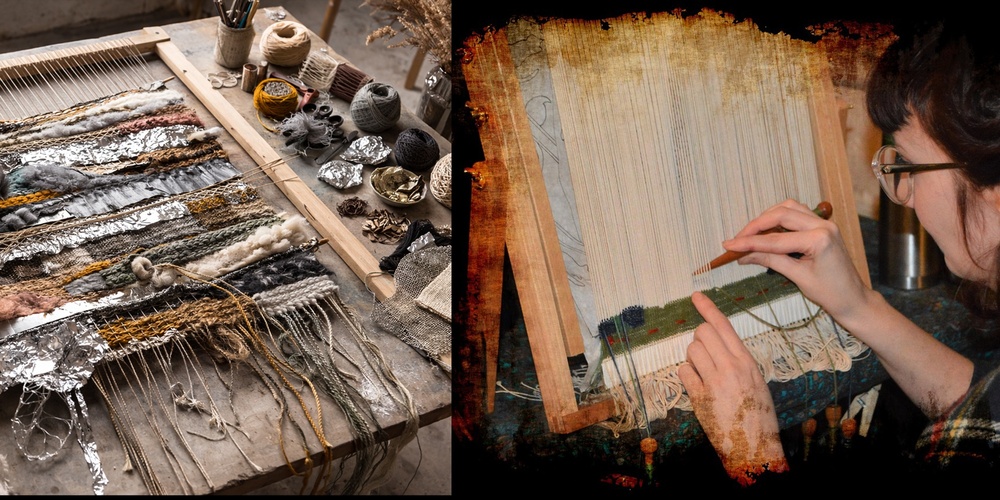Två bilder visar vävning: en vävram med garn och material, och händer som väver på en annan ram.