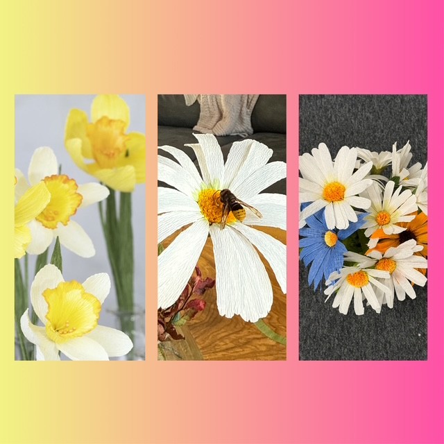 Tre bilder av konstgjorda blommor i papper: påskliljor, prästkragar och en bukett med färgglada blommor mot en pastellbakgrund.