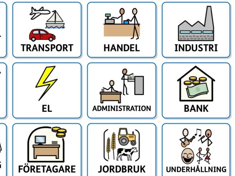 Rutnät med bilder och text som visar olika yrken och verksamheter, samt svarsalternativ ja, nej, vet inte och annat.