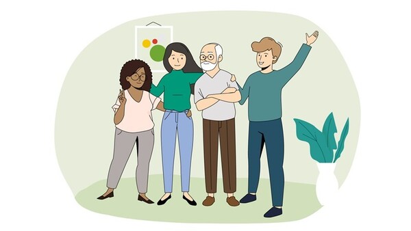 Fyra personer står på rad och håller om varandra.