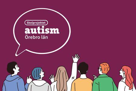 Illustration av ungdomar som står framför en skolbyggnad omgiven av olika saker så som jordglob, rymdraket, grafer, bokstäver, griffeltavla med mera. 