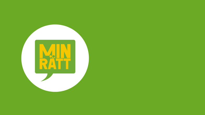 Grön bakgrund med en vit cirkel och texten 'MIN RÄTT' i gult i en grön pratbubbla.