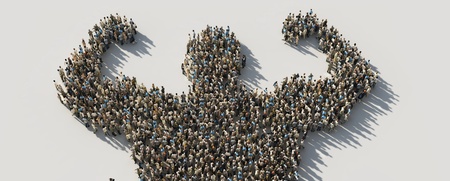 En stor grupp människor står samlade och bildar formen av en muskulös kropp med armarna upp i en segergest.