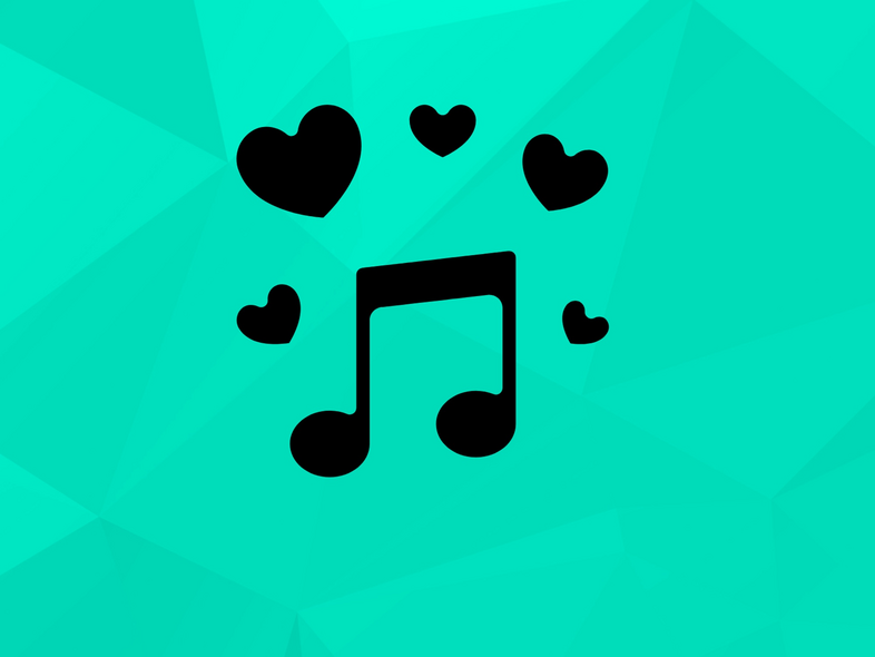Svart musiknot omgiven av hjärtan på en turkos geometrisk bakgrund.