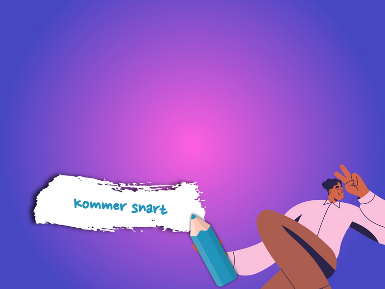 Illustration med person som håller en blå penna och texten 'kommer snart' på vit bakgrund mot lila-blå gradient.