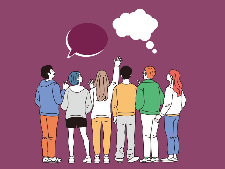 Illustration av sex ungdomar, över dem finns en pratbubbla och en tankebubbla. Bakgrunden är lila.