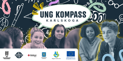 Ungdomar samtalar i grupp framför en färgglad bakgrund med texten 'Ung Kompass Karlskoga'.
