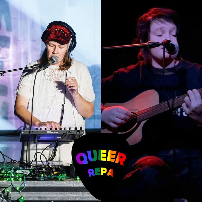 Två personer uppträder, en med synt och mikrofon, en med gitarr. Texten 'QUEER REPA' syns längst ner.