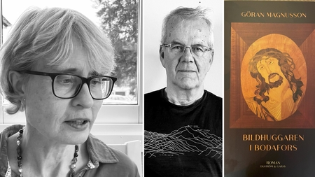 Två personer i svartvitt och ett bokomslag med titeln 'Bildhuggaren i Bodafors' av Göran Magnusson.