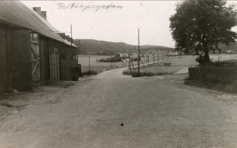 Svartvit bild av en landsväg med byggnader till vänster och ett träd till höger, landskap i bakgrunden.