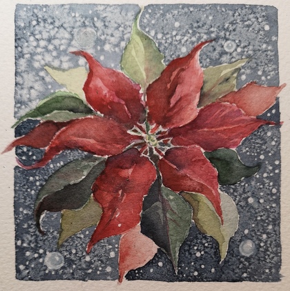 Akvarellmålning av en röd julstjärna mot en blå bakgrund med vita prickar som liknar snö.
