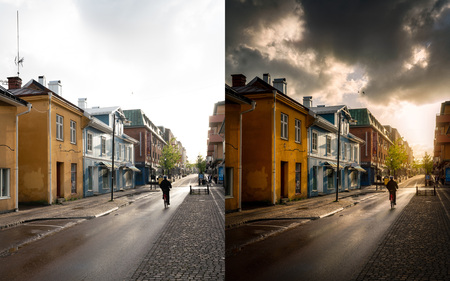 Två versioner av samma gata, en med ljus himmel och en med mörka dramatiska moln, en person går på trottoaren.