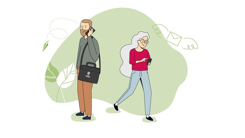 Två personer som använder sina mobiler - en pratar i den, den andra skriver på den.