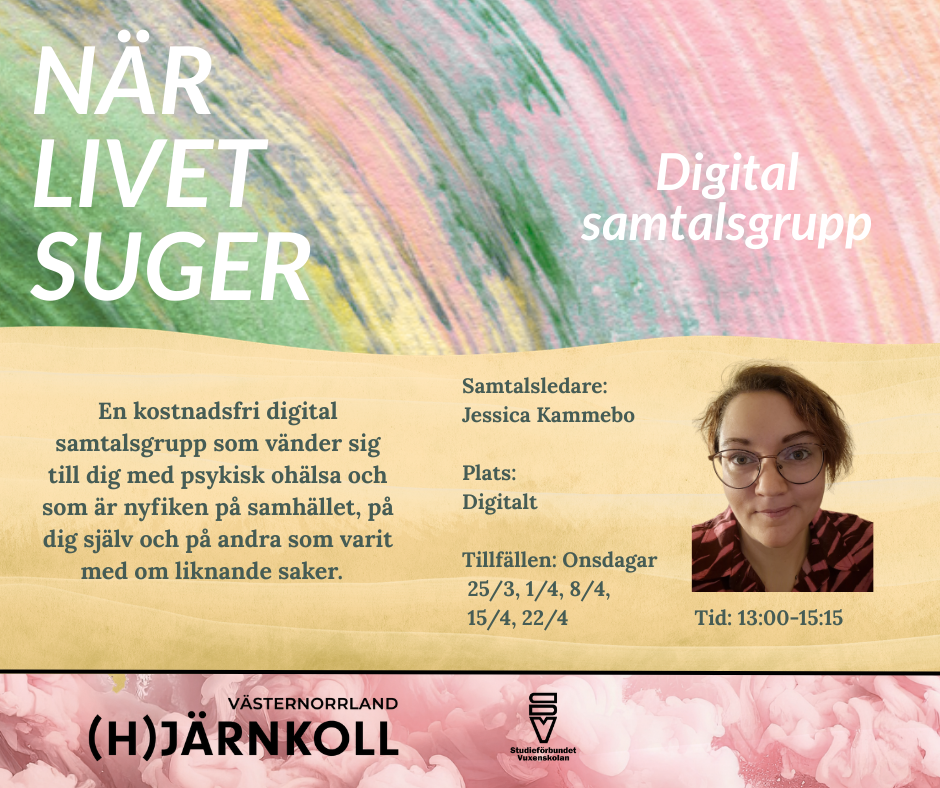 Affisch för digital samtalsgrupp om psykisk ohälsa med information om datum, tid och samtalsledare.