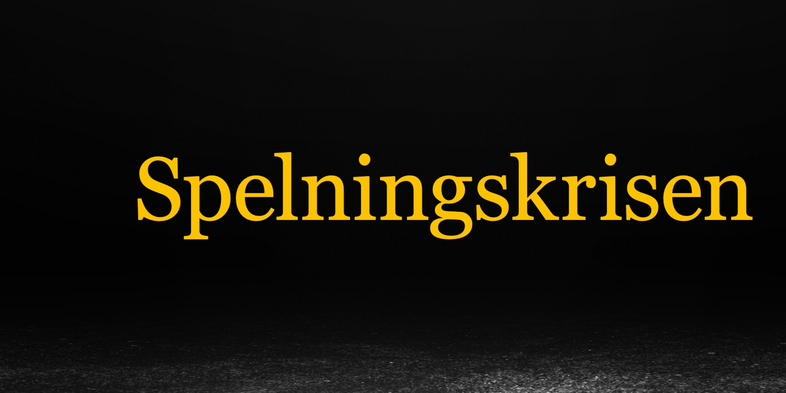 Texten 'Spelningskrisen' i gul färg på svart bakgrund med ljusgrå mark.
