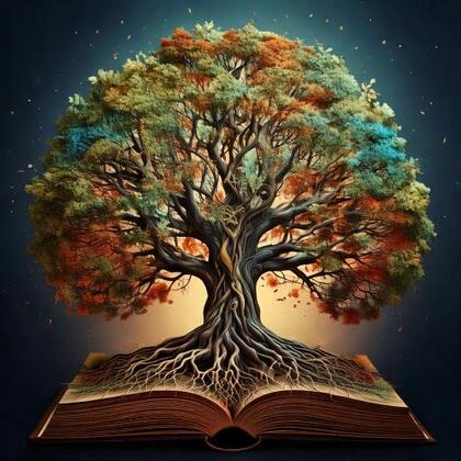 Ett stort, färgglatt träd växer upp ur en öppen bok mot en mörk bakgrund.