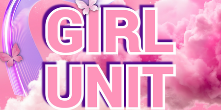 Texten 'GIRL UNIT' i stora bokstäver mot en rosa bakgrund med moln, fjärilar och neonliknande linjer.
