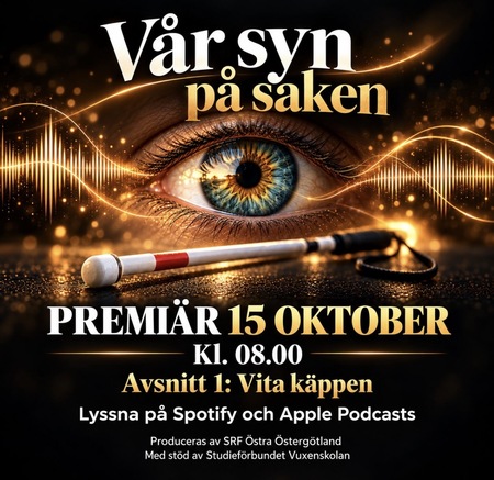 Affisch för podden 'Vår syn på saken' med ett öga, ljudvågor och en vit käpp. Premiär 15 oktober kl 08.00.