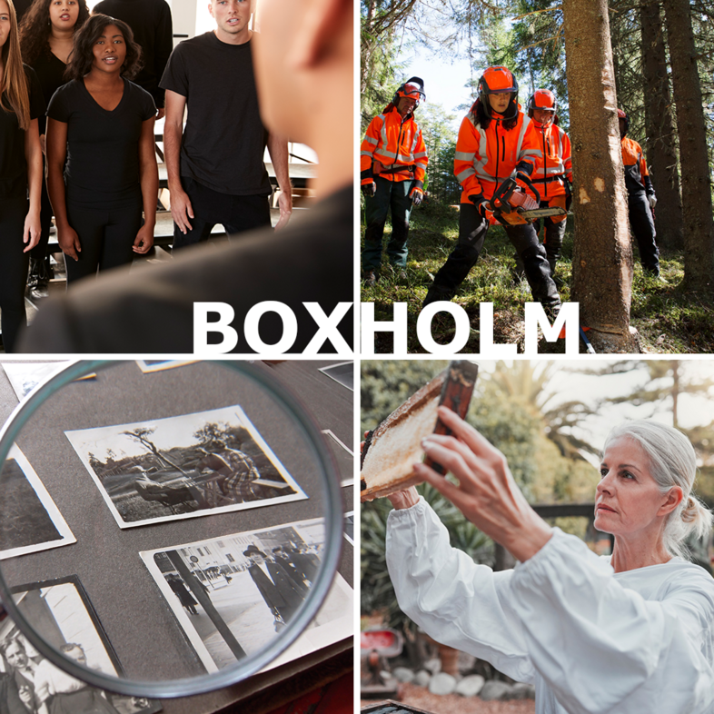 Fyra bilder: körsång, skogsarbetare, gamla foton under förstoringsglas och kvinna som undersöker en ram. Text: Boxholm.