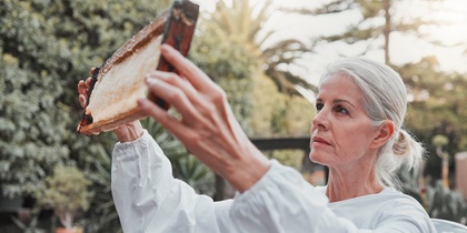 En kvinna i skyddsdräkt inspekterar en bikaka utomhus i en trädgårdsmiljö.