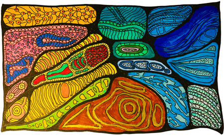 Färgglad abstrakt teckning med organiska former i gult, blått, grönt, rosa och orange mot svart bakgrund.