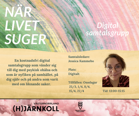 Affisch för digital samtalsgrupp om psykisk ohälsa med information om datum, tid och samtalsledare.