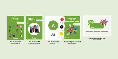 Fem gröna informationsblad om demokrati, med illustrationer av människor och samtalskort.