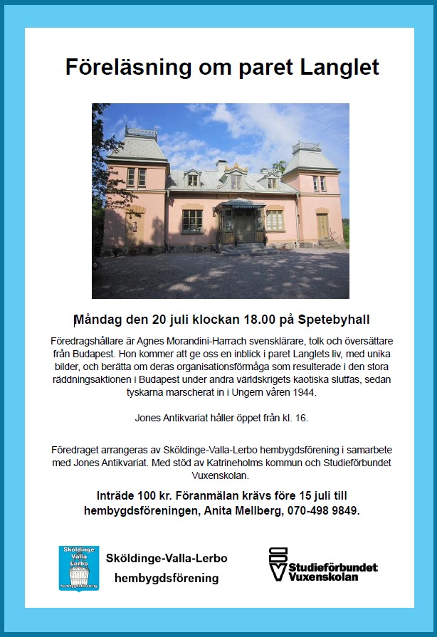 Affisch för föreläsning om paret Langlet med bild på en herrgårdsliknande byggnad och information om evenemanget.
