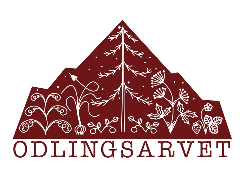 Logotyp med stiliserade växter och bergsform i röd färg, texten 'ODLINGSARVET' under.