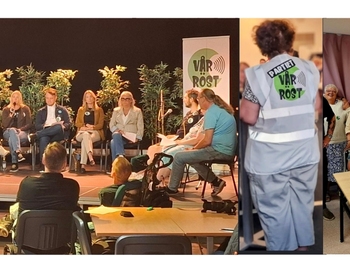 Tre olika mötesscener med personer från partiet Vår Röst, sittande i panel, diskuterande och poserande vid bord.