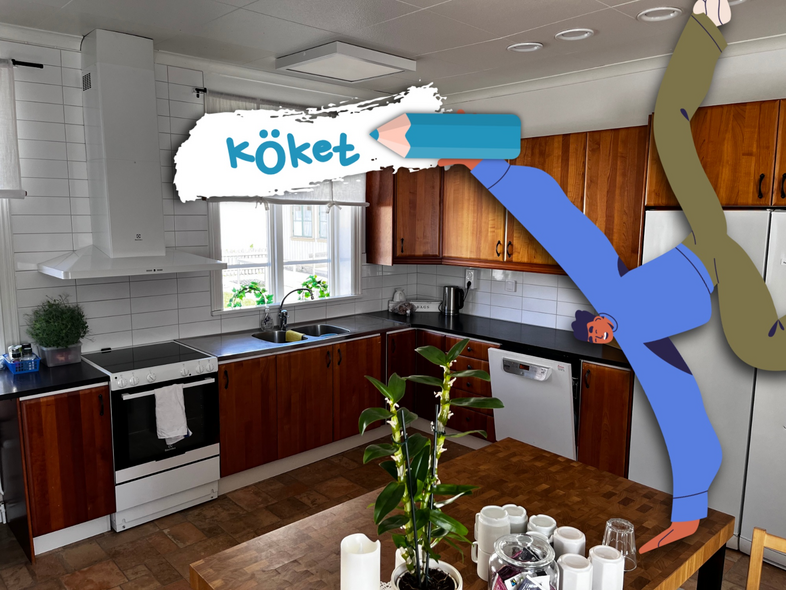 Kök med träskåp, vit spis och diskmaskin. Tecknad figur och texten 'köket' syns i bilden.