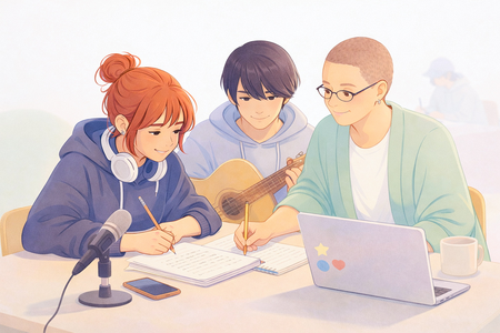 Tre personer samarbetar vid ett bord med laptop, mikrofon, gitarr och anteckningar i en ljus, tecknad stil.