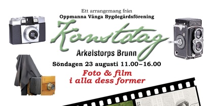 Affisch för Konstdag i Arkelstorps Brunn med tema foto och film, 23 augusti, med bilder på kameror och foton.