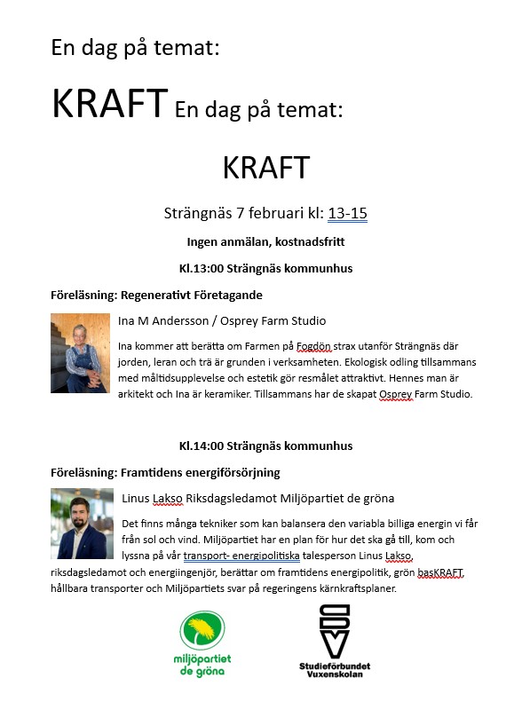 Affisch för temadagen KRAFT i Strängnäs med föreläsningar om regenerativt företagande och framtidens energiförsörjning.