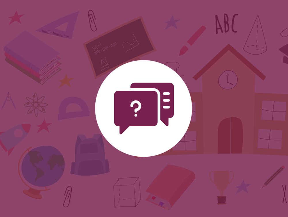 Illustration med skoltema, pratbubblor med frågetecken i centrum, omgiven av skolrelaterade objekt.