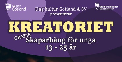 Affisch på lila bakgrund som informerar om gratis skapande för unga 13–25 år, arrangerat av Region Gotland.