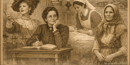 Fyra kvinnor i historiska kläder, en skriver, en pekar, en vårdar och en står med sjal, sepiafärgad bild.